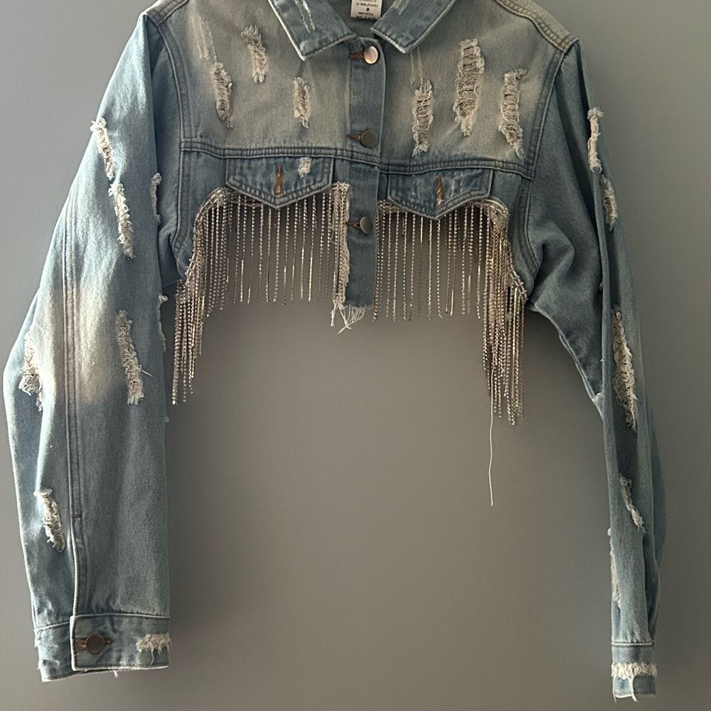 Distressed Denim Jacket with Fringe